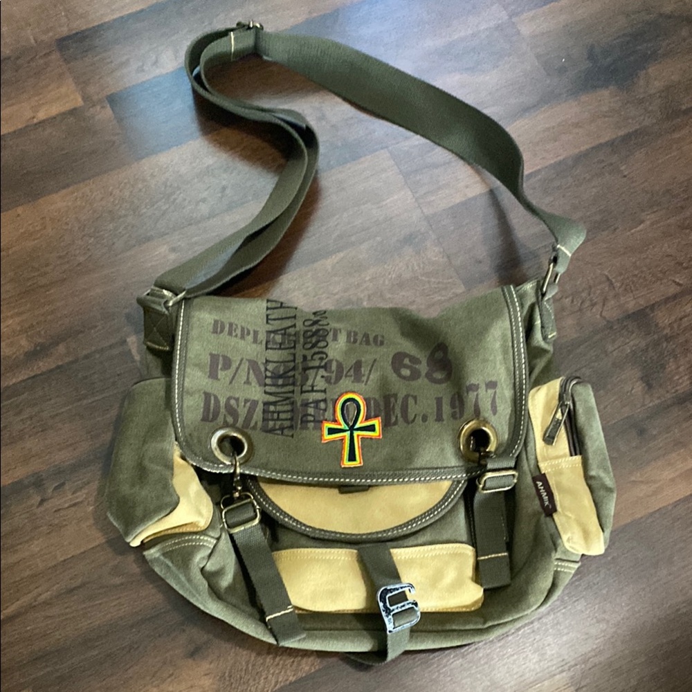 Green and Tan Military-Inspired Messenger Bag with Adjustable Strap